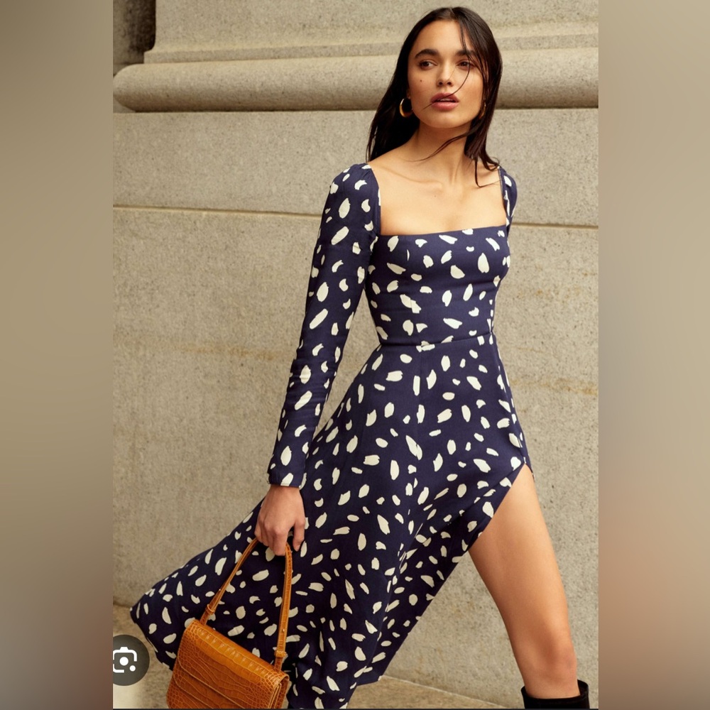 Reformation Navy and White Long Sleeve Dress